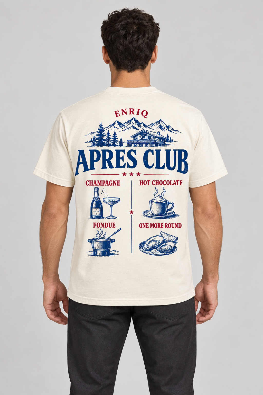 ENRIQ Apres Menu Bone – achterkant op model (AI-visualisatie)