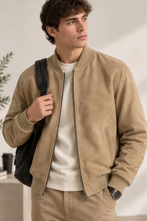 Beige suèdelook bomberjack – model-detail view