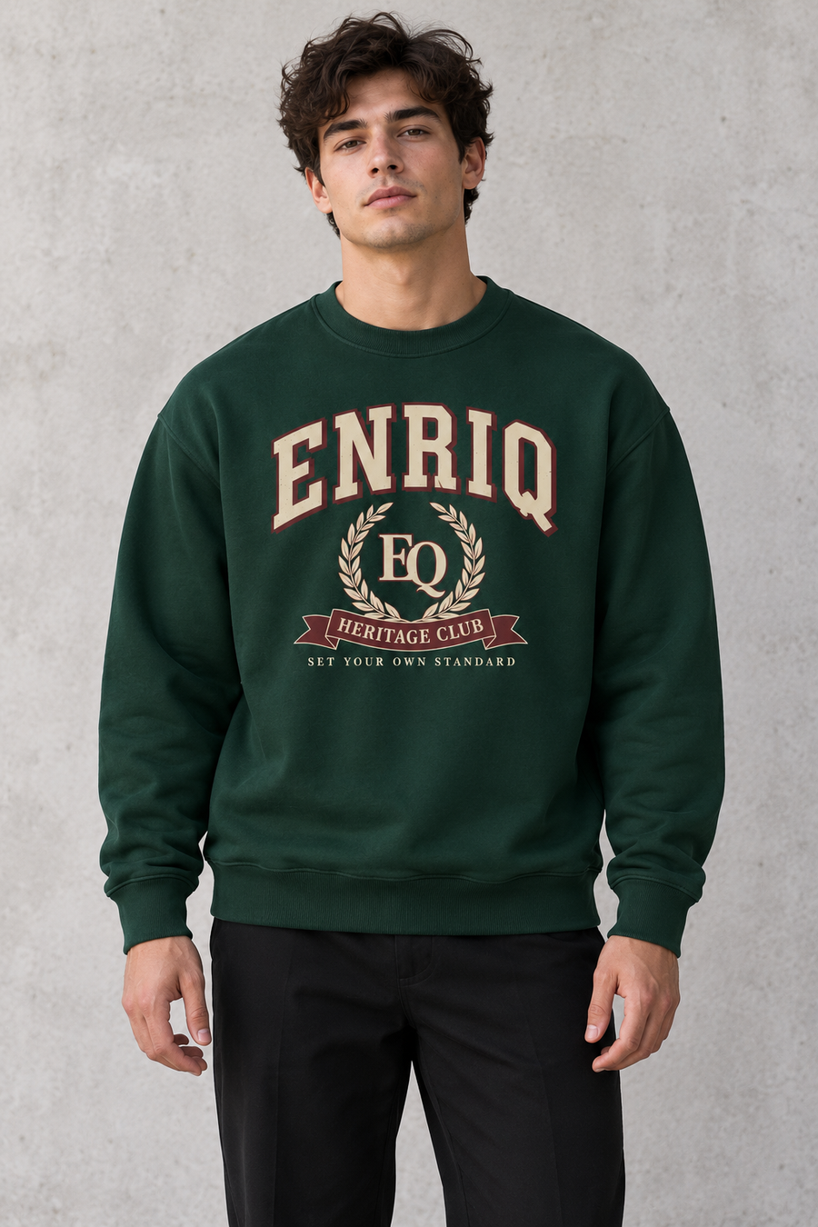 EnriQ Heritage Club Sweater – Pine Green – op model