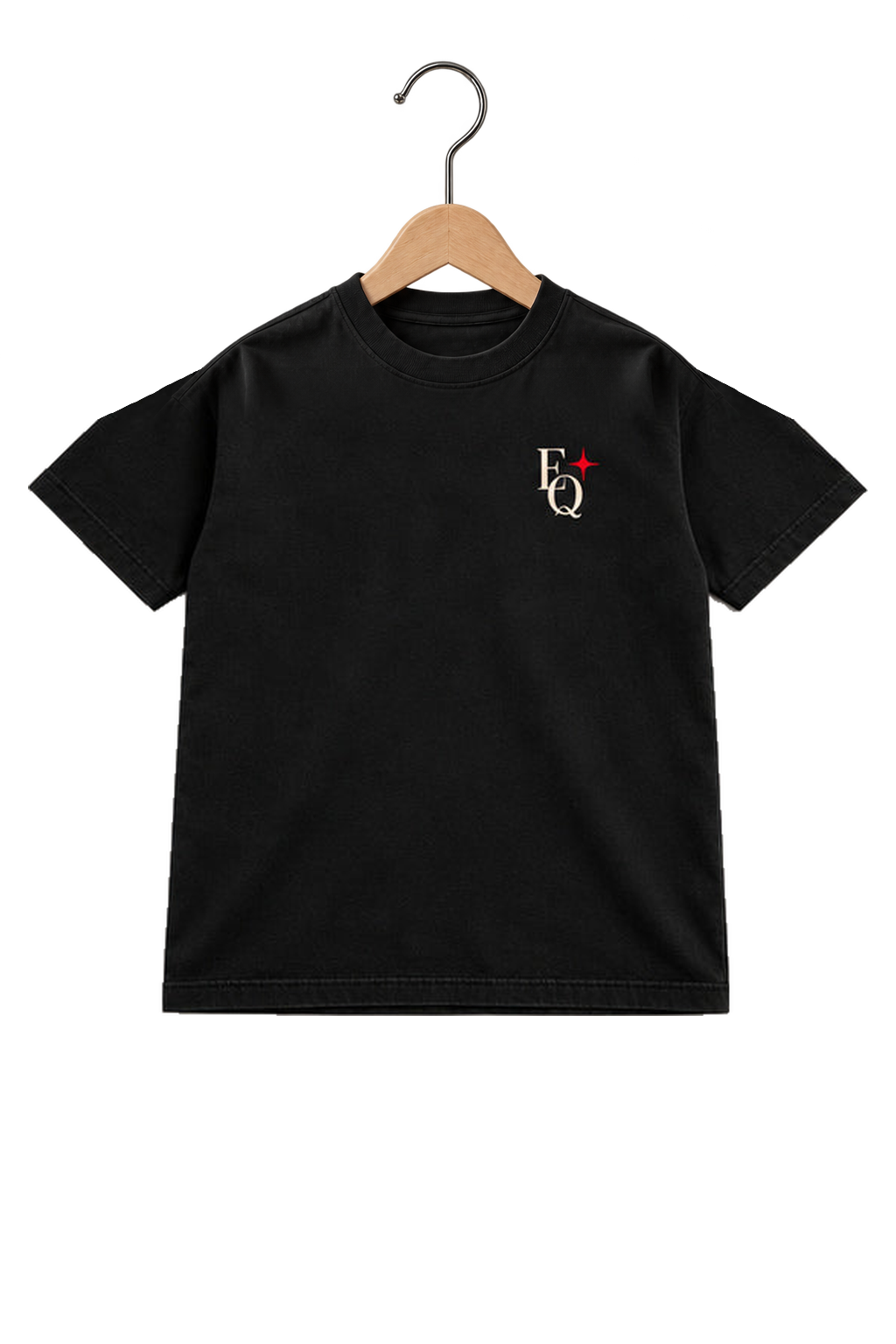 ENRIQ HEADER – EnriQ Midnight Ace Tee – Black – Basic Fit – voorkant op houten hanger