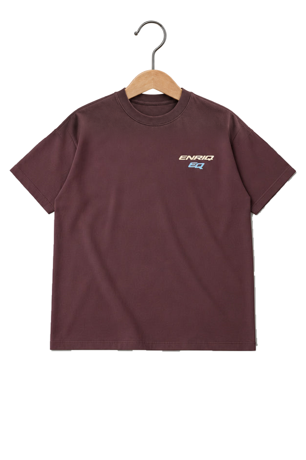 ENRIQ HEADER – EnriQ EQ-Orbit Tee – Cherry – Oversized – voorkant op houten hanger