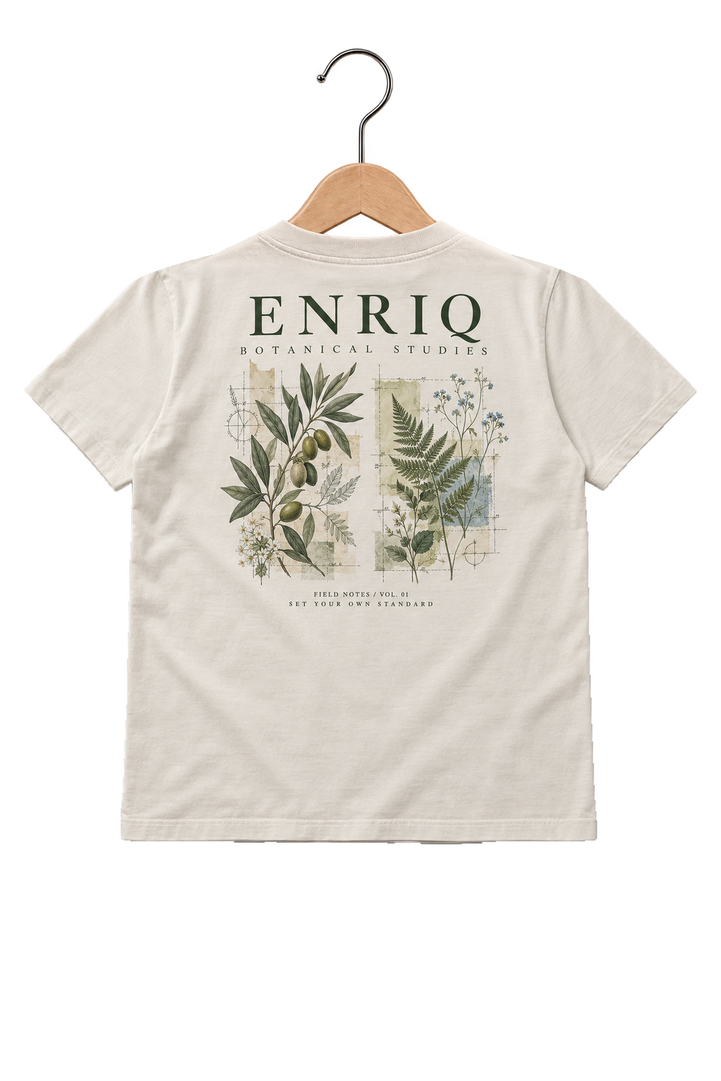 ENRIQ HEADER – EnriQ Botanical Studies Tee – Bone – Basic Fit – achterkant op houten hanger