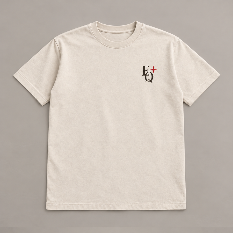 ENRIQ After Hours Tee Bone – flatlay voorkant met EQ-borstlogo, zonder zichtbaar halslabel (AI-bewerking)