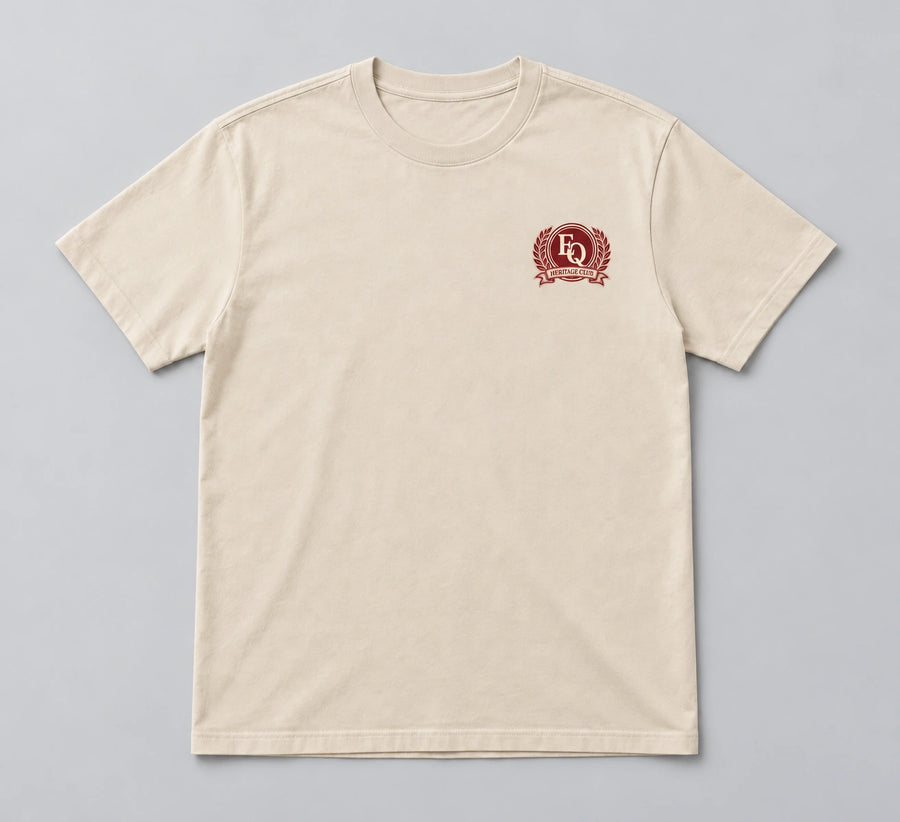 ENRIQ Heritage Club Tee Bone – flatlay voorkant met EQ Heritage Club-borstlogo (AI-visualisatie)