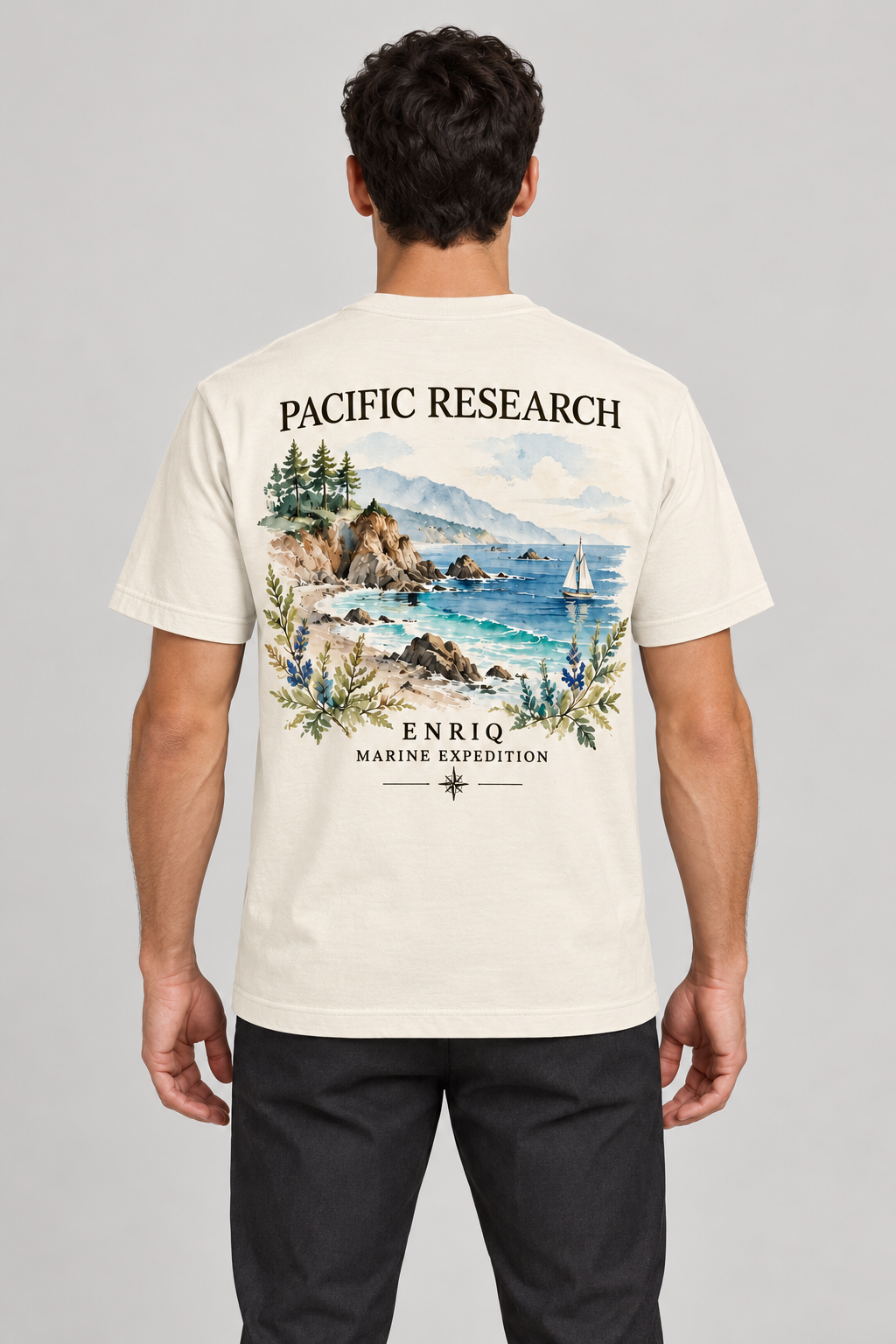 ENRIQ Pacific Research Bone – achterkant op model (AI-visualisatie)