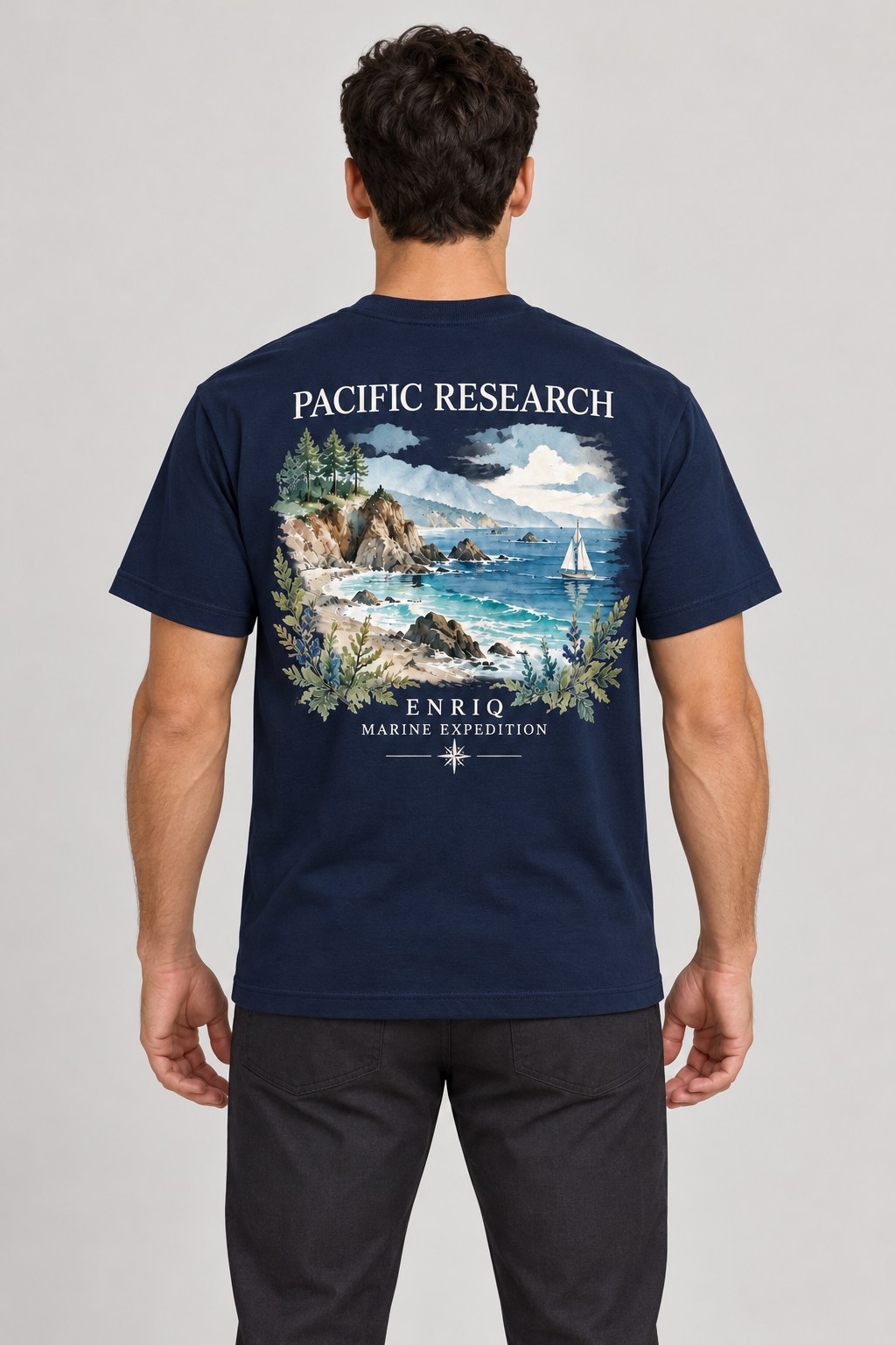 ENRIQ Pacific Research Navy – achterkant op model (AI-visualisatie)