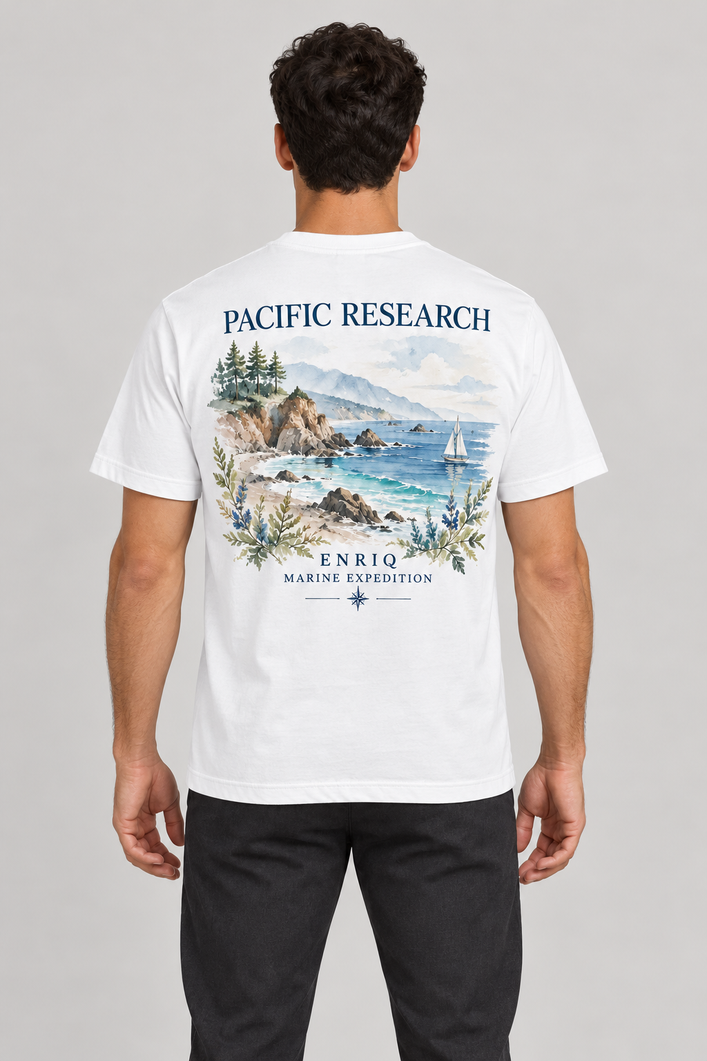 ENRIQ Pacific Research White – achterkant op model (AI-visualisatie)
