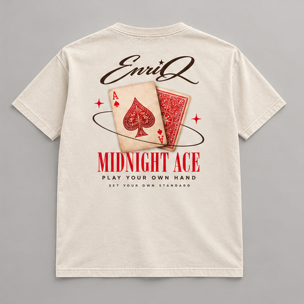 EnriQ Midnight Ace Tee – Bone – Basic Fit – flatlay achter