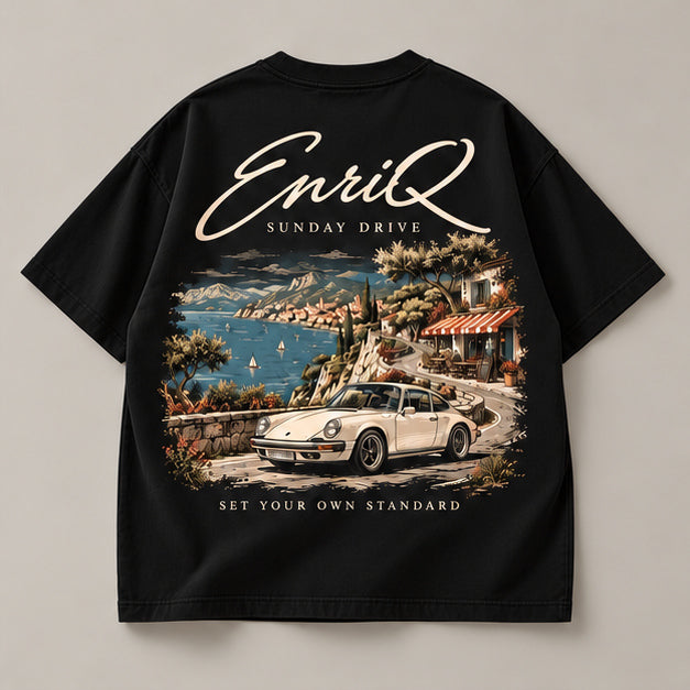EnriQ Sunday Drive Tee – Black – Oversized – flatlay achter