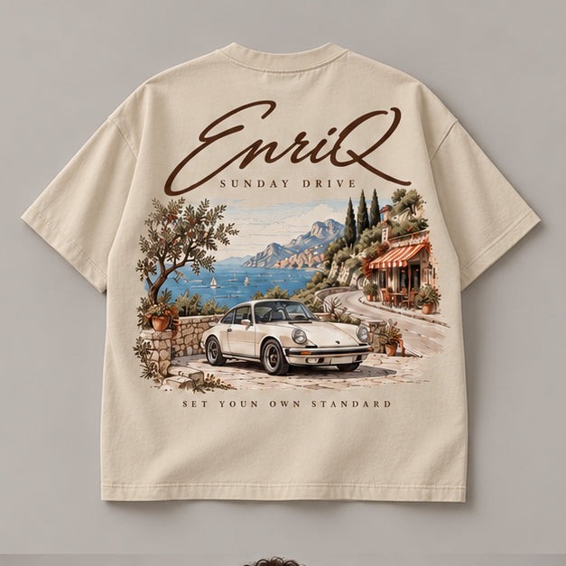EnriQ Sunday Drive Tee – Sand – Oversized – flatlay achter