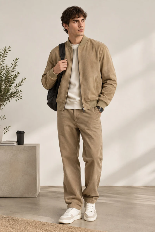 Beige suèdelook bomberjack – model-full view