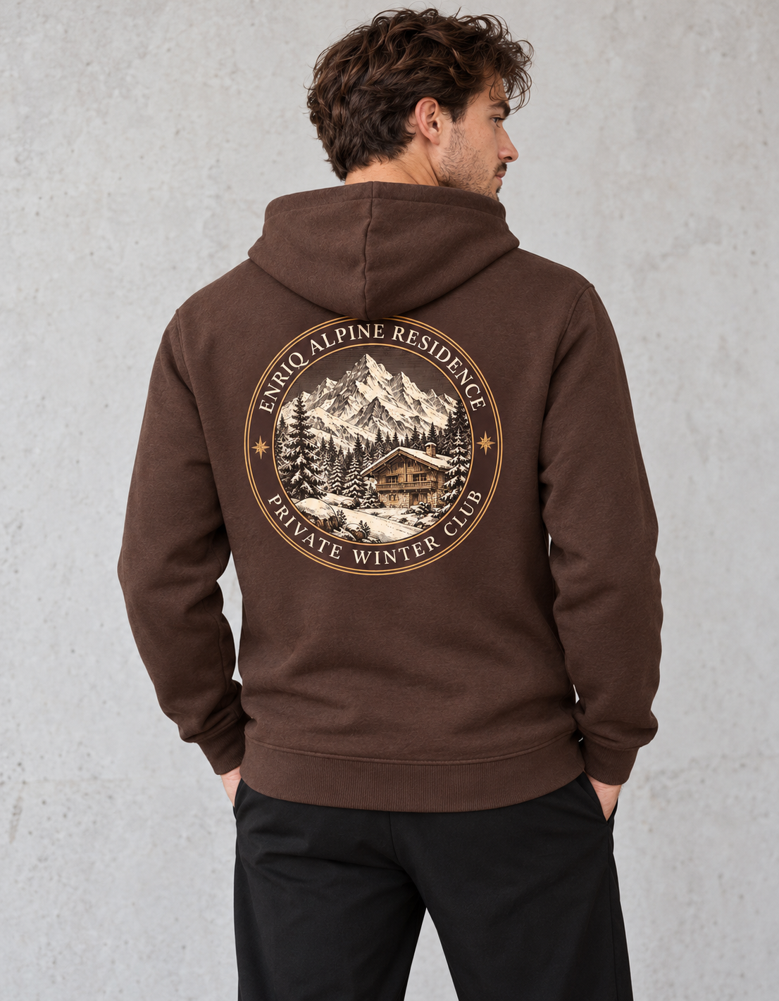 EnriQ Alpine Residence Hoodie – Chocolate Brown – op model